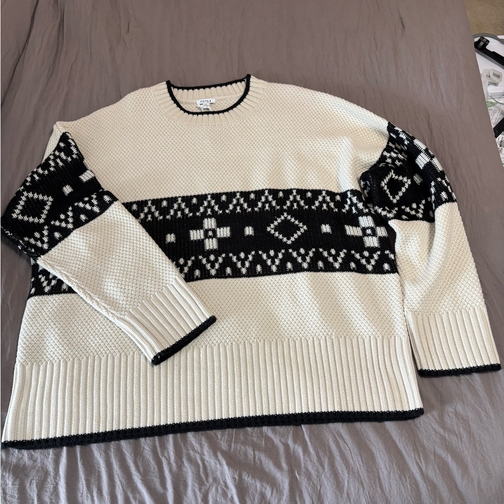 Pistola Cream and Black Patterned Crewneck Lenni Sweater